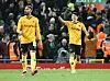 Hwang Hee-chan of Wolverhampton Wanderers celebrates scoring during an FA Cup match against Liverpool at Anfield in Liverpool on Jan. 7. [EPA/YONHAP]