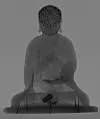 An X-ray image of the Wooden Shakyamuni Buddha of the Joseon Dynasty shows a small container inside. [NATIONAL MUSEUM OF KOREA]