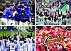 Clockwise from top left: The Texas Rangers celebrate winning the World Series on Nov. 1. The Hanshin Tigers celebrate winning the Japan Series on Nov. 5. The Wei Chuan Dragons celebrate in a graphic released by the club following their Taiwan Series win on Nov. 12. The LG Twins celebrate winning the Korean Series on Nov. 13.  [SCREEN CAPTURE; AFP; EPA/YONHAP]