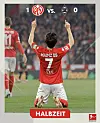 Lee Jae-sung celebrates after scoring the opening goal of a game between Mainz 05 and Monchengladbach in a score updated posted at half time on the official Mainz 05 Instagram page on Friday. [SCREEN CAPTURE]