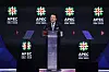 Korean President Yoon Suk Yeol speaks at the APEC CEO Summit during the annual Asia-Pacific Economic Cooperation gathering at the Moscone West Convention Center in San Francisco, California, on Wednesday. [JOINT PRESS CORPS]