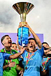 Napoli's Kim Min-jae lifts the Serie A trophy as he celebrates with teammates in a medal ceremony following the final game of the 2022-23 season at Stadio Diego Armando Maradona in Naples on Sunday. Kim, the first Korean ever to win Serie A, was also named the Serie A Best Defender of the season over the weekend and was named to the Serie A Team of the Season. Those accolades join two Player of the Month honors, in September and October last year, earned in his debut season in Italy.  [REUTERS/YONHAP]