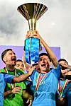 Napoli's Kim Min-jae lifts the Serie A trophy as he celebrates with teammates in a medal ceremony following the final game of the 2022-23 season at Stadio Diego Armando Maradona in Naples on Sunday. Kim, the first Korean ever to win Serie A, was also named the Serie A Best Defender of the season over the weekend and was named to the Serie A Team of the Season. Those accolades join two Player of the Month honors, in September and October last year, earned in his debut season in Italy. [REUTERS/YONHAP]