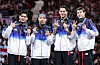 From left: Korea's Gu Bong-gil, Park Sang-won, Oh Sang-uk and Do Gyeong-dong pose with their medals after winning the men's sabre team competition at the 2024 Paris Olympics in Paris on Wednesday. [NEWS1]