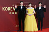 The cast of 'Let Me Fly' attend the 8th Korea Musical Awards at Dongdaemun District, central Seoul, on Monday. From left are actors Park Bo-gum, Na Ha-na and Ahn Ji-hwan. [YONHAP]