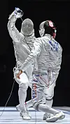 Kim Jung-hwan, right, in action against Aron Szilagyi of Hungary during their semifinal bout of the men's sabre World Cup in Budapest, Hungary on Saturday. [EPA/YONHAP]