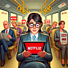An image created by artificial intelligence system DALL·E after a request to make an image of an office worker watching a streaming platform like Netflix during their commute. [JOONGANG ILBO]
