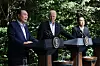 Korean President Yoon Suk Yeol, left, speaks at a joint press conference with U.S. President Joe Biden, center, and Japanese Prime Minister Fumio Kishida after their trilateral summit at Camp David in Maryland on Friday. [JOINT PRESS CORPS]