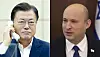 President Moon Jae-in, left, and new Israeli Prime Minister Naftali Bennett hold their first phone call Friday afternoon, after the two countries agreed to the world’s first vaccine swap deal last week. Israel sent 700,000 Pfizer doses, and Korea is expected to return a similar amount in the fall. [YONHAP]