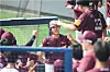 Byeong Sang-kwon of the Kiwoom Heroes, center, is congratulated by his teammates after scoring a run during a game against the LG Twins on May 17. [YONHAP]