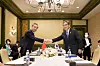 Foreign Minister Park Jin, right, and Chinese Foreign Minister Wang Yi shake hands in a meeting on the sidelines of the G20 foreign ministerial summit in Bali, Indonesia, on July 7. [YONHAP]