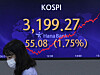 A screen in Hana Bank's trading room in central Seoul shows the Kospi closing at 3,199.27, 55.08 points, or 1.75 percent, from the previous trading day. [NEWS1]