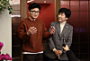 People Power Party (PPP) interim leader Chairman Han Dong-hoon, left, speaks to reporters alongside National Assembly Deputy Speaker Kim Young-joo, who recently defected from the Democratic Party (DP), after meeting at a restaurant in Jongno District, central Seoul, on Friday. Han proposed for Kim to join his party, and the former labor minister said she plans to join the PPP on Monday. [YONHAP]
