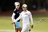 Ko Jin-young, right, and Nelly Korda of the United States on the 14th hole during the final round of the CME Group Tour Championship at Tiburon Golf Club on Nov. 21, 2021 in Naples, Florida. [AFP/YONHAP]