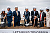 LG Energy Solution President Kim Dong-myung, center, and other officials from LG Energy, Honda Motor and Ohio state government turn a shovel during a groundbreaking ceremony for the construction of an EV battery factory in Ohio on Tuesday. [LG ENERGY SOLUTION]