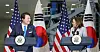 Korean President Yoon Suk Yeol, left, and U.S. Vice President Kamala Harris hold a joint press conference at NASA's Goddard Space Flight Center on Tuesday in Greenbelt, Maryland. [AFP/YONHAP]
