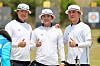 From left to right: Choi Yong-hee, Yang Jae-won and Kim Jong-ho celebrate after beating Denmark in the men's team compound bronze medal match at the Gwangju 2022 Hyundai Archery World Cup at Gwangju International Archery Center in Gwangju. [NEWS1]