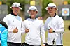 From left to right: Choi Yong-hee, Yang Jae-won and Kim Jong-ho celebrate after beating Denmark in the men's team compound bronze medal match at the Gwangju 2022 Hyundai Archery World Cup at Gwangju International Archery Center in Gwangju. [NEWS1]