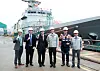 Philip Goldberg, U.S. ambassador to Korea, third from left; Nolan Barkhouse, consul general of the United States in Busan, second from left; HD Hyundai Vice Chairman Chung Ki-sun, third from right; and other officials pose for the photo at HD Hyundai Heavy Industries' Ulsan shipyard on Monday. [HD HHI]