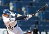 Aaron Altherr of the NC Dinos takes a swing at the end of the fourth inning against the Hanwha Eagles at Changwon NC Dinos Park in Changwon, South Gyeongsang on Sunday. [YONHAP]