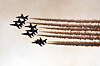 The Korean Air Force's Black Eagles aerobatic team flies above Suwon, Gyeonggi, on Tuesday afternoon to mark the 70th anniversary of the opening of Suwon Air Base, home to the 10th Fighter Wing. [YONHAP]