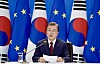 President Moon Jae-in speaks on North Korea to European Union leaders in a virtual summit at the Blue House on Tuesday. [YONHAP]