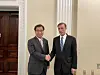 Suh Hoon, South Korea's national security adviser, left, shakes hands with his U.S. counterpart, Jake Sullivan, ahead of bilateral talks in Washington on Tuesday. [KOREAN EMBASSY TO THE UNITED STATES]