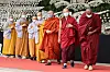 Buddhist monks from Southeast Asian countries pay their respects to the victims of the Itaewon tragedy at a mourning altar set up on the Seoul Plaza on Thursday. [YONHAP]