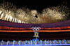 Fireworks explode over the stadium during the closing ceremony of the 2022 Winter Olympics on Sunday. [AP/YONHAP]