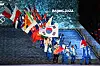 Korean flag bearer Cha Min-kyu and other flagbearers enter the stadium during the closing ceremony of the Beijing 2022 Winter Olympic Games, at the National Stadium in Beijing, on Sunday. [AFP/YONHAP]