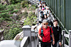 Second Vice Minister of Sports Jang Mi-ran, front right, hikes Mount Bukak in central Seoul on Tuesday alongside mountaineer Um Hong-gil, front left, actor Fabien Yoon and university students. [NEWS1]