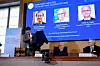 A screen displays the 2025 Nobel Prize laureates in Chemistry, Susumu Kitagawa (Kyoto University, Japan), Richard Robson (University of Melbourne, Australia), and Omar M. Yaghi (University of California, Berkeley, U.S.), as they are announced during a press conference at the Royal Swedish Academy of Sciences in Stockholm, Sweden, October 8, 2025. [REUTERS/YONHAP]