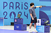 Lee Won-ho, who advanced into the men's 10-meter air pistol final at the 2024 Paris Olympics at the Chatereaux Shooting Center in France on Sunday, is aiming at the target. [YONHAP]