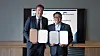 LS Cable Chairman and CEO Koo Ja-kyun, right, and Power Electronics CEO David Salvo pose for a photo after signing an MOU for a business partnership in the renewable energy sector at the Spanish company's headquarters in Barcelona on June 6. [LS ELECTRIC]
