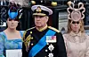 Andrew Mountbatten-Windsor, center, and his daughters Princess Eugenie, left, and Princess Beatrice leave Westminster Abbey after the wedding of Prince William to Catherine Middleton, in London on April 29, 2011. [AP/YONHAP]