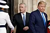 U.S. President Donald Trump, right, and first lady Melania Trump, left, accompanied by Andrew Mountbatten-Windsor, leave after a tour of Westminster Abbey in London on June 3, 2019. [AP/YONHAP]