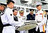 Incheon Mayor Yoo Jeong-bok, third from left, and Navy Deputy Chief of Staff for Personnel Park Tae-kyun, center, take part in a wreath laying ceremony to honor soldiers killed carrying out Operation Chromite in Incheon on Sept. 12. [INCHEON METROPOLITAN GOVERNMENT]