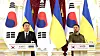 Korean President Yoon Suk Yeol, left, and Ukrainian President Volodymyr Zelensky hold a joint press conference at the Mariinsky Palace, the official presidential residence, in Kyiv on July 15, 2023. [PRESIDENTIAL OFFICE]