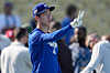 Los Angeles Dodgers second baseman Kim Hye-seong motions during batting practice prior to Game 3 of baseball's World Series against the Toronto Blue Jays in Los Angeles on Oct. 27, 2025. [AP/YONHAP]