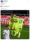 Hong Hyun-seok, center, celebrates with teammates after scoring the opening goal in KAA Gent's 2-0 win over Eupen at the Kehrwegstadion in Eupen, Belgium on Sunday in a photo shared by the official KAA Gent X account.  [SCREEN CAPTURE]