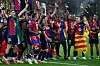 FC Barcelona celebrate winning the Copa del Rey final against Real Madrid at La Cartuja Stadium in Seville, Spain, on April 26. [AFP/YONHAP]