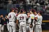 The Kiwoom Heroes celebrate after a win over the Doosan Bears at Gocheok Sky Dome in western Seoul on May 31. [YONHAP]
