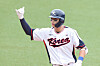 Korea's Yoon Dong-hee celebrates during the final game of the group stage against Thailand, which Korea won 17-0 by the five-inning mercy rule on Tuesday at the Hangzhou Asian Games. [NEWS1]