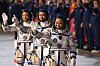 Chinese astronauts Zhang Lu, front, Wu Fei, middle, and Zhang Hongzhang attend a send-off ceremony at the Jiuquan Satellite Launch Center in northwest China on Oct. 31. [XINHUA/YONHAP]