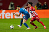 Red Star Belgrade's Hwang In-beom, right, vies for the ball with Leipzig's Benjamin Sesko during a Group G UEFA Champions League match at the Rajko Mitic Stadium in Belgrade, Serbia on Tuesday. [AP/YONHAP]