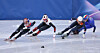 Short track speed skater Choi Min-jeong, left, races in the women’s 500-meter quarterfinal at the 2026 Milan-Cortina Winter Olympics at the Milano Ice Skating Arena in Milan, Italy, on Feb. 12. [NEWS1]