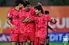 Korea's Yun Do-yong, right, celebrates during an AFC U-20 quarterfinal against Thailand in China on Feb. 17. [YONHAP]