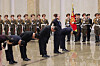 North Korean leader Kim Jong-un, fourth from left, and other officials pay their respects at the Kumsusan Palace of the Sun in Pyongyang on the birthday of his father and late leader Kim Jong-il on Feb. 16. [YONHAP]