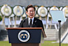 President Lee Jae-myung delivers a memorial address during the 70th Memorial Day ceremony at Seoul National Cemetery in Dongjak District, southern Seoul, on June 6. [JOINT PRESS CORPS]