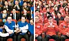 Left: Democratic Party (DP) leader Lee Jae-myung, second from right, shakes hands with other party officials in the National Assembly in Yeouido, western Seoul, after exit poll results released on Wednesday evening predicted a landslide victory for the DP. Right: People Power Party (PPP) interim leader Han Dong-hoon, center, closes his eyes while watching election coverage in the PPP's situation room inside the legislature. [JOINT PRESS CORPS]